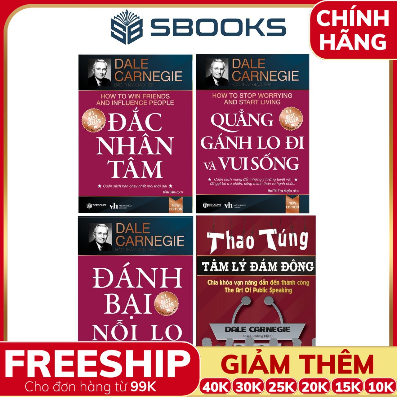 Combo 4 Cuốn Sách: Đắc Nhân Tâm + Quẳng Gánh Lo Đi & Vui Sống + Đánh Bại Nỗi Lo + Thao Túng Tâm Lý Đám Đông - SBOOKS