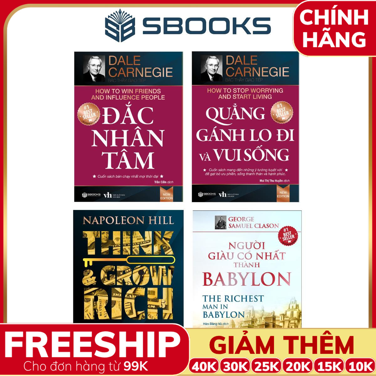 Combo 4 Cuốn Sách Đắc Nhân Tâm + Nghĩ Giàu & Làm Giàu + Quẳng Gánh Lo Đi + Người Giàu Có Nhất Thành Babylon - Sbooks